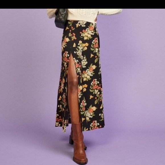 reformation zoe skirt summer soiree floral fruit print maxi slit vintage petite - Picture 1 of 5